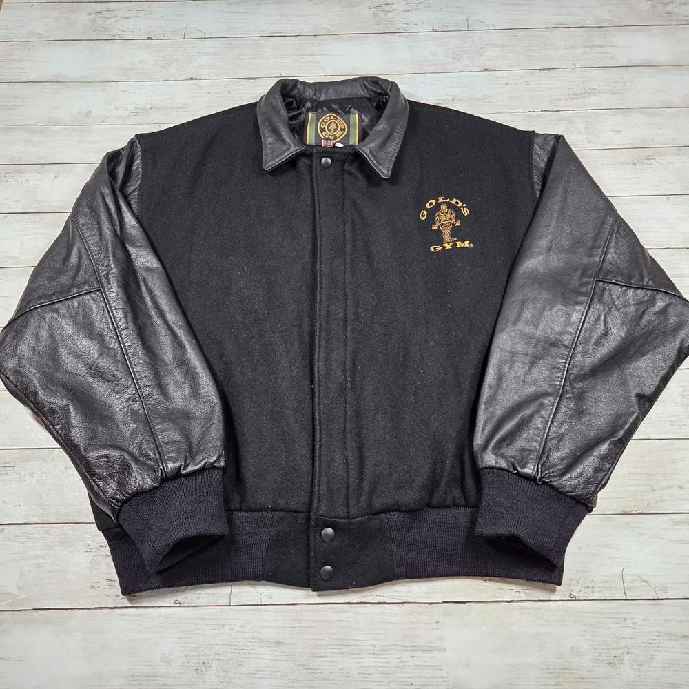 Gold's Gym Vintage Wool Leather Varsity Jacket Mens XL Black Gold Embroidered
